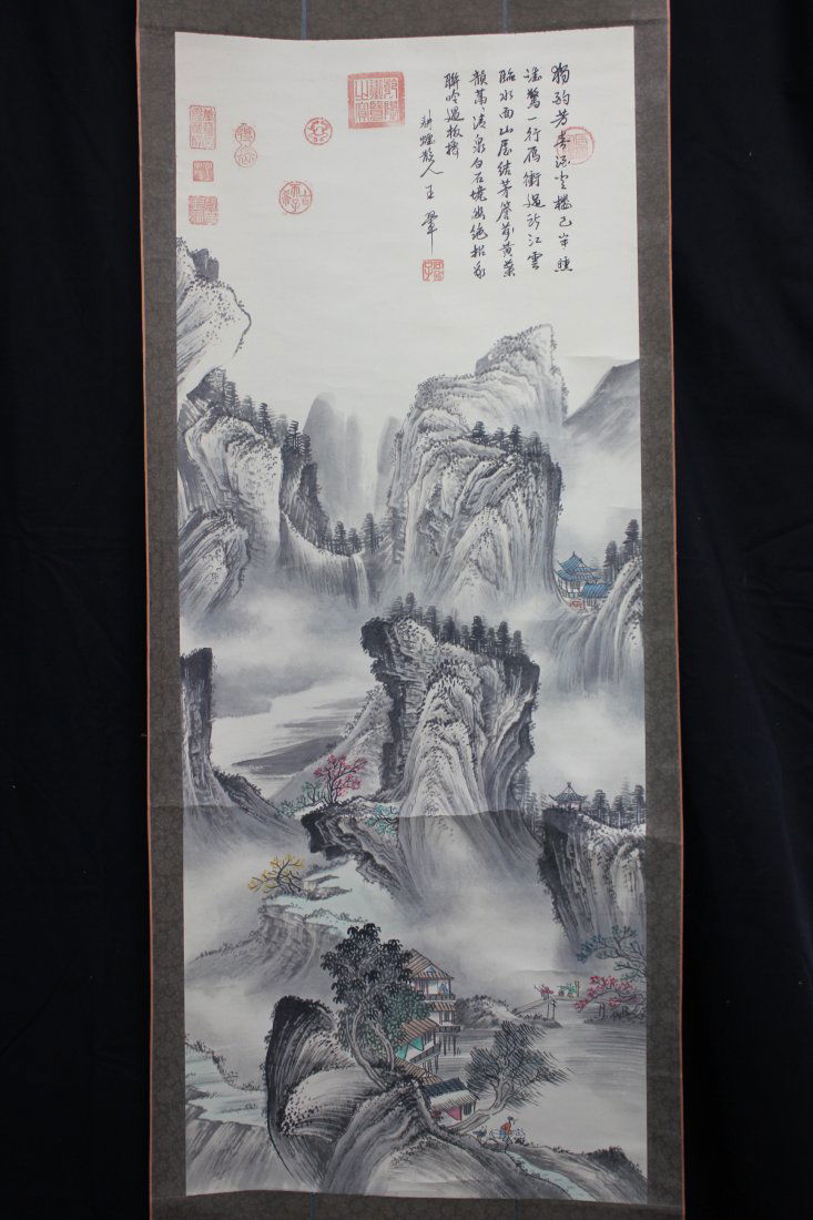 A very fine Chinese scroll painting by Wang Hui: Attributed to Wang Hui (1632-1717) Qing dynasity famous painter ink and color on the paper depicting land scape of mountains,trees, houses and people,inscribed and signed with nine seal marks,48"Hx19"