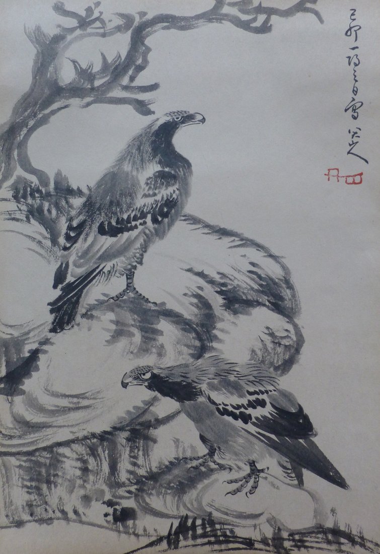 Very fine chinese painting by Bada Shanren: Ink and color on the paper by Bada Shanren depicting couple of birds,inscribed and signed with 1 seal mark,14.5"x9.8".