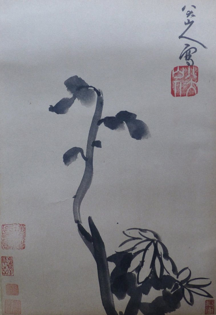 Very fine chinese painting by Bada Shanren: Ink and color on the paper by Bada Shanren depicting plant,inscribed and signed with 6 seal marks,14.5"x9.8".