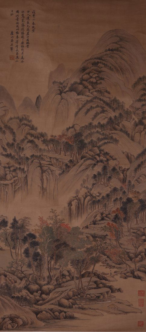A very fine Chinese painting by Wang Hui: Ink and color on paper by Wang Hui to depict a landscape of mountains, trees and houses,inscribed and signed with 4 seal marks50.4"X20.9"