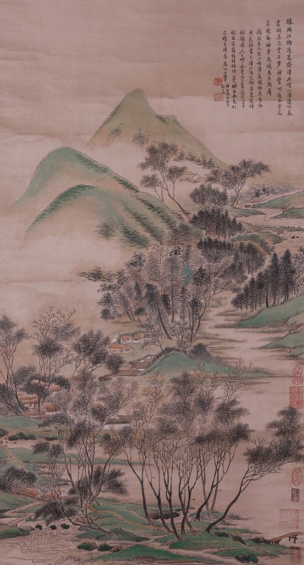 A very fine Chinese painting by Wang Hui: Ink and color on paper by Wang Hui to depict a landscape of mountains ,trees and houses by the lake, inscribed and signed with 8 seal marks17.3"X33.1"