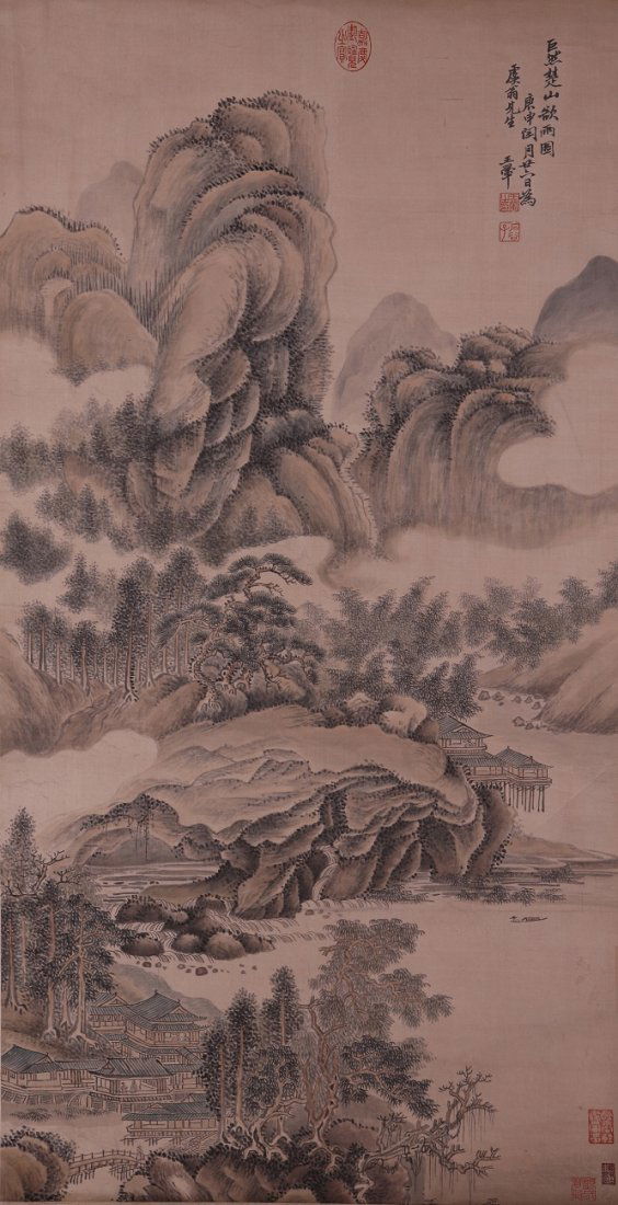 A very fine Chinese painting by Wang Hui: Ink and color on paper by Wang Hui to depict a landscape of trees, mountains and a person on the boat .inscribed and signed with 6 seal marks. 20.9"X42.5"