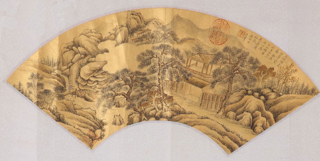 A very fine Chinese painting by Wang Hui: Ink and color on paper by Wang Hui to depict a beautiful landscape of houses and trees, inscribed and signed with 2 seal marks 19.7"X7.1"