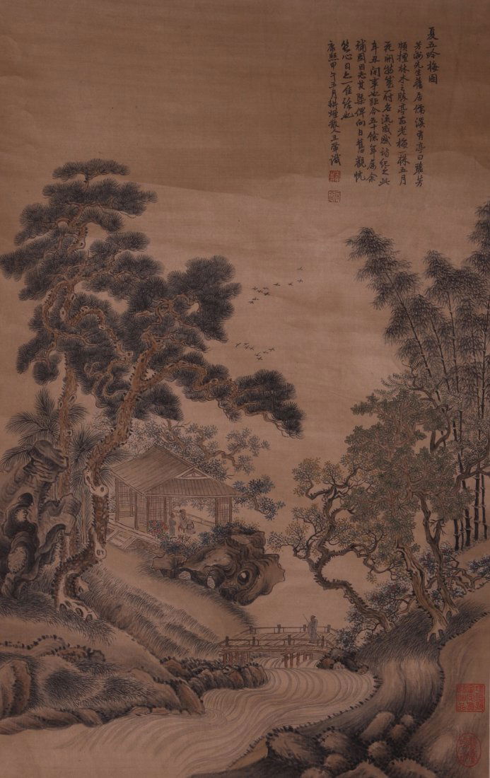 A very fine Chinese painting by Wang Hui: Ink and color on paper by Wang Hui to depict a landscape of nature and people, inscribed and signed with 4 seal marks,31.8"X18.9".