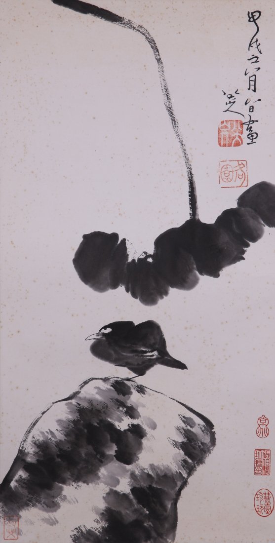 A very fine Chinese Painting by Bada Shanren: Ink and color on paper by Bada Shanren to depict to depict a bird on a cliff,inscribed and signed with 5 seal marks,13.8"X27.9"