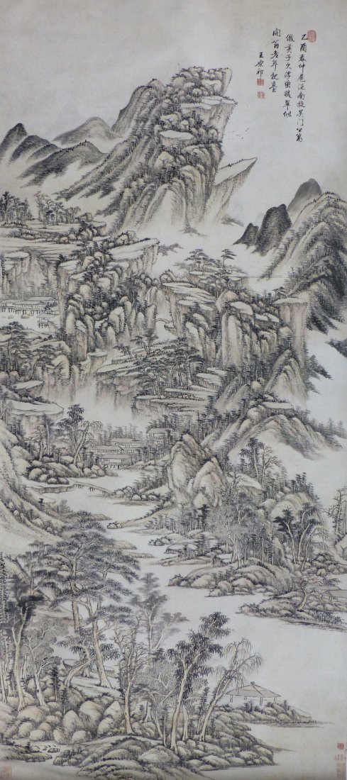 1559: CHINESE SCROLL PAINTING BY WANG,PING: WANG,PING, LIVED IN QING DYNASTY. LONG WATERCOLOR PAINTING TO SCROLL DEPICTING A HOUSE AND PINE TREES SCENE. SINGED AND A SEAL MARK IN ML. 33"Hx17.5"W.)