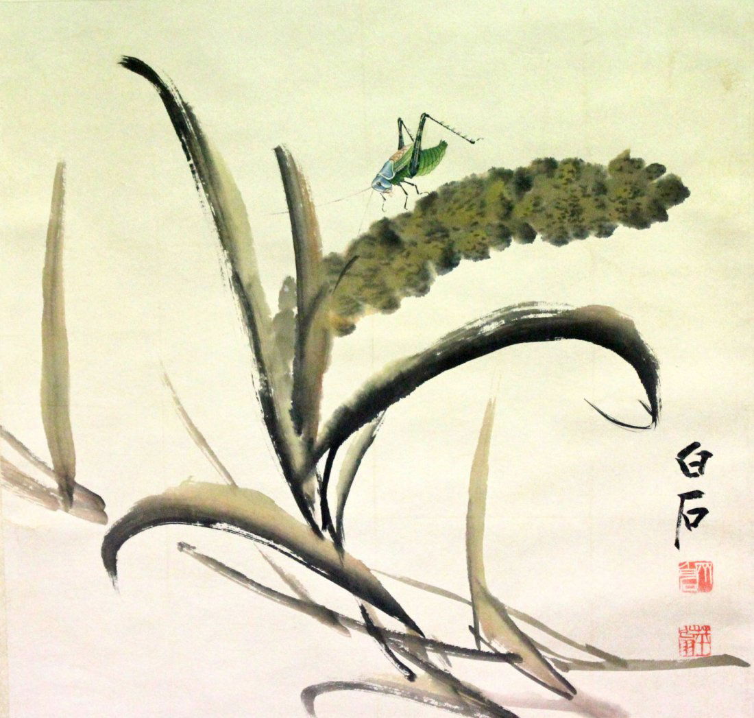 A very fine Chinese Scroll painting by Qi,Baishi: The mounted ink and color on the paper by Qi,Baishi,inscribed and signed with two seal marks,18.5"Hx17"W.