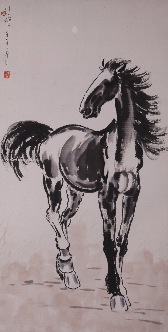 A very fine Chinese painting by Xu Beihong: Ink on paper by Xu Beihong to depict a horse, inscribed and signed with 2 seal marks,38.2"X19.7"