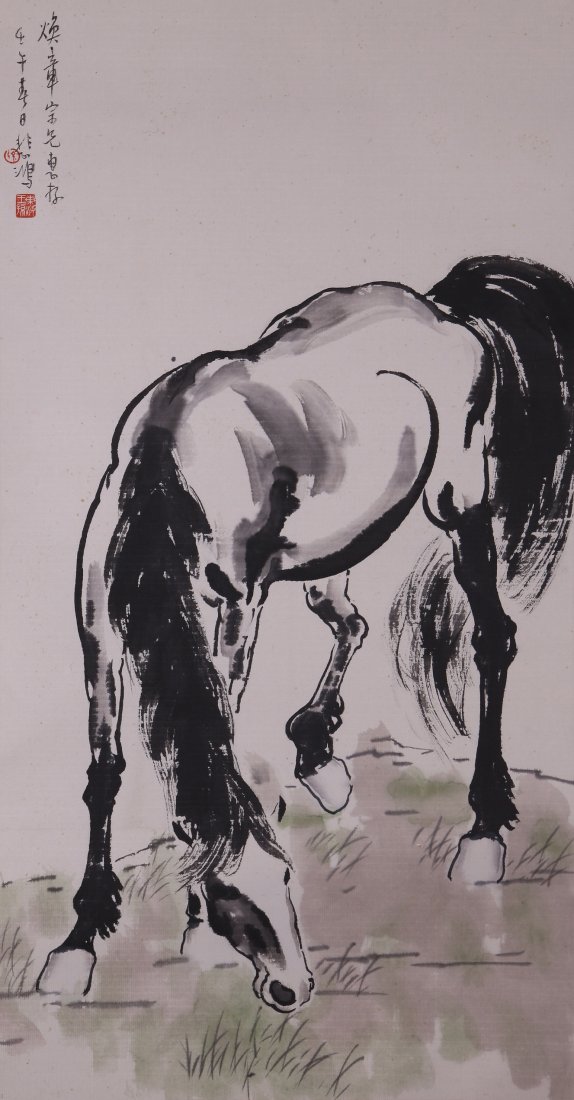 A very fine Chinese painting by Xu Beihong: Ink and color on paper by Xu Beihong to depict a horse, inscribed and signed with 2 seal marks.39"X19.3"