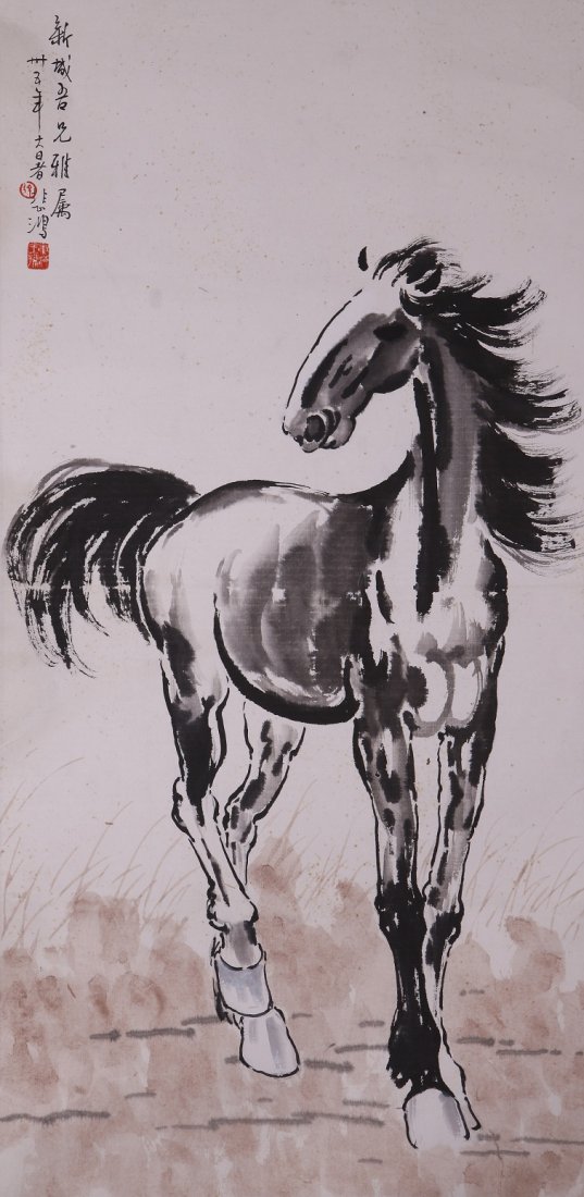 A very fine Chinese painting by Xu Beihong: Ink and color on paper by Xu Beihong to depict a horse, inscribed and signed with 2 seal marks.38.2"X19.3"