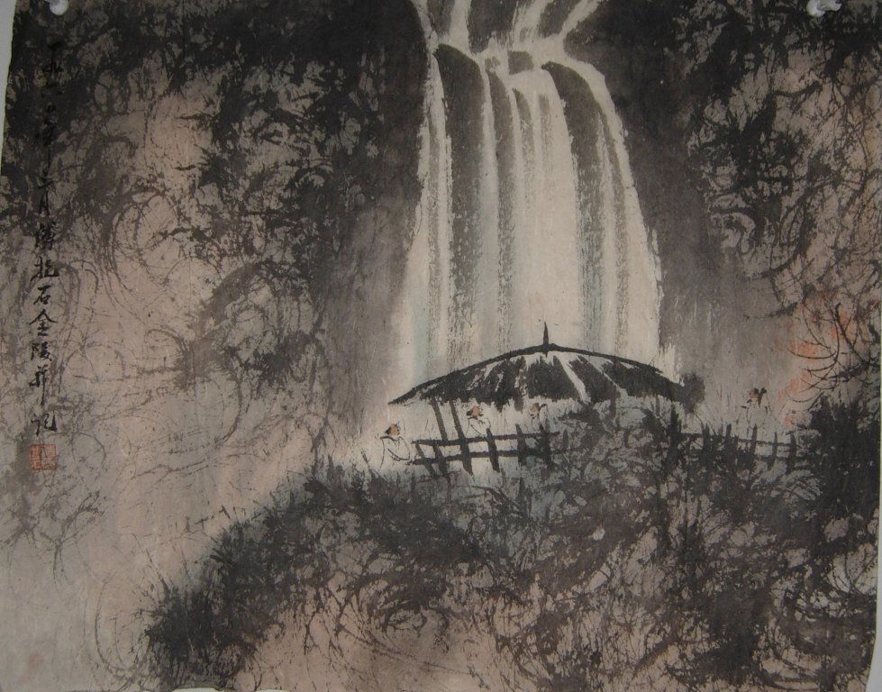 A very fine chinese painting by Fu Baoshi: Ink and color on the paper by Fu Baoshi to depict a beautiful landscape of mountains and people by the waterfalls, inscribed and signed with 1 seal mark,21.6"X17.3"