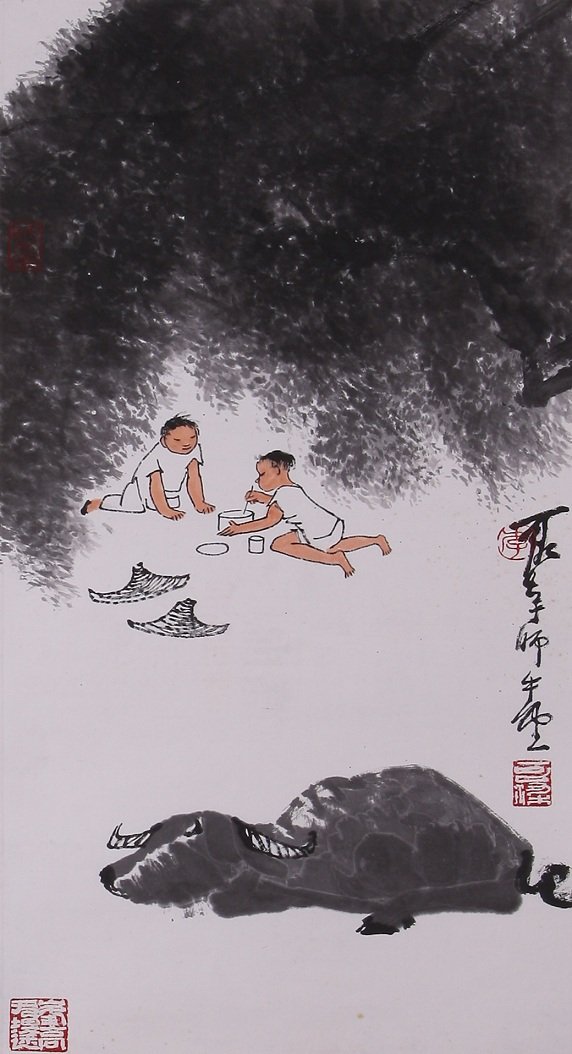 A very fine Chinese painting by LI Keran: Ink on paper by Li Keran to depict a couple of kids and a buffalo,inscribed and signed with 3 seal marks.26.8"X13". Li Keran ,president of China painting institute,vice-chairman of Chinese artist asso