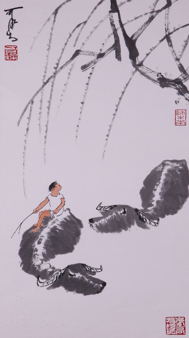 A very fine Chinese painting by LI Keran: Ink on paper by Li Keran to depict a kids and a couple of buffalo,inscribed and signed with 3 seal marks.26.8"X13.4". Li Keran ,president of China painting institute,vice-chairman of Chinese artist as