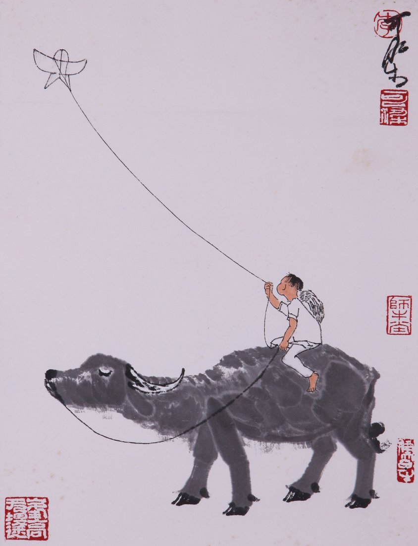 A very fine Chinese painting by Li Keran: Ink on paper by Li Keranto depict a by sitting on a buffalo and flying a kite,inscribed and signed with 5 seal marks. 18.1"X13.4".A part of a private collection of a veteran in Michigan.