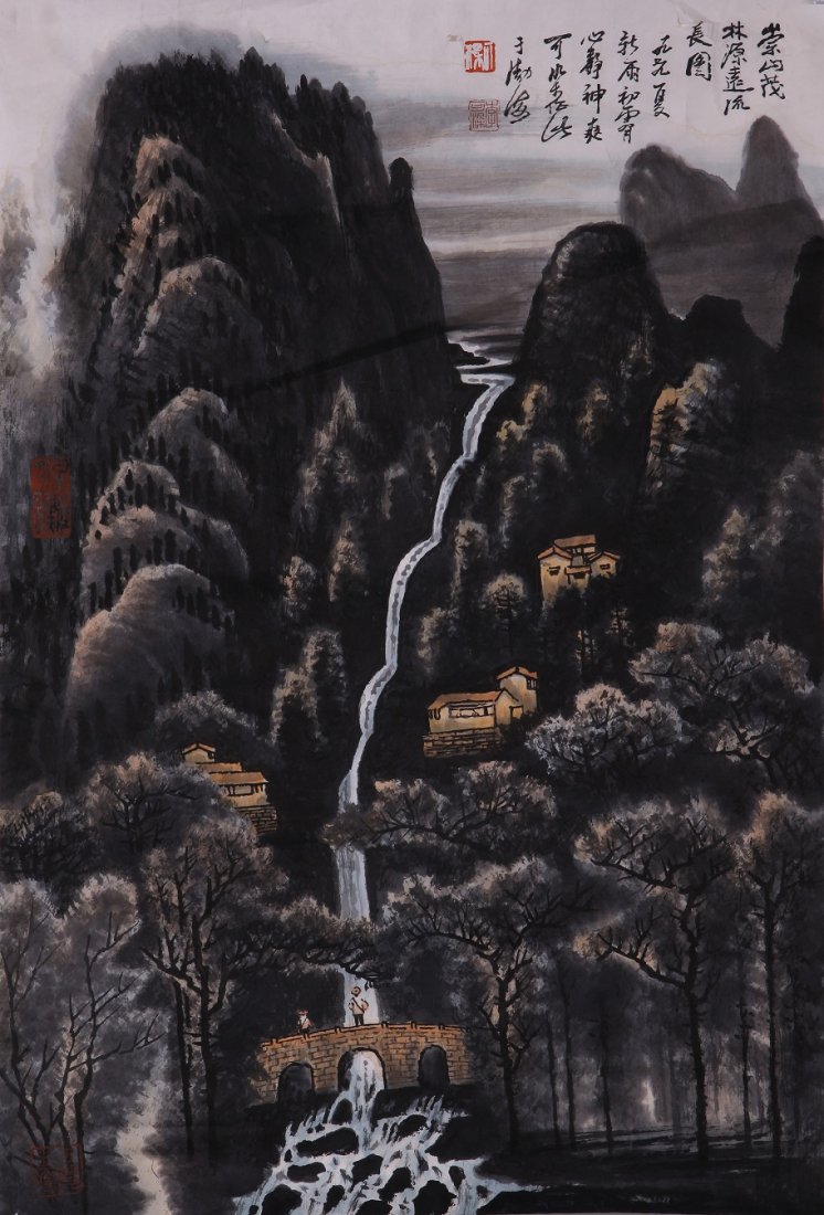 A very fine Chinese paintng by Li Keran: Ink and color on paper by Li Keran to depict a beautiful landscape of waterfalls and houses,inscribed and signed with 2 seal marks. 27.6"X17.1". Li Keran ,president of China painting institute,vice-ch
