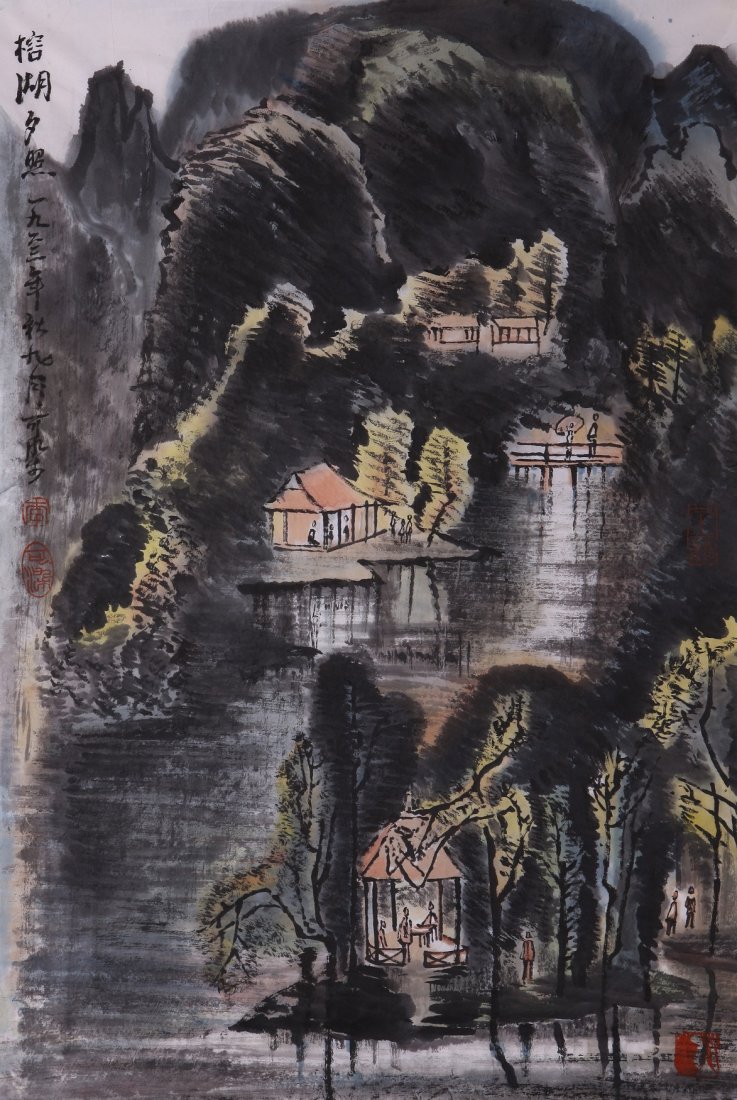 A very fine Chinese painting by Li Keran: Ink and color on paper by Li Keran depicitng a landscape of water, mountain and ,inscribed and signed with 3 seal marks. 17.7"X27.2".A part of a private collection of a veteran in Michigan.