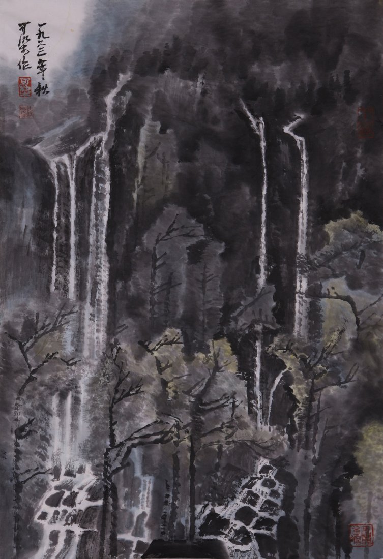 A very fine Chinese painting by Li Keran: Ink and color on paper by Li Keran depicitng a landscape of mountains and waterfalls ,inscribed and signed with 3 seal marks. 17.7"X27.2".A part of a private collection of a veteran in Michigan.