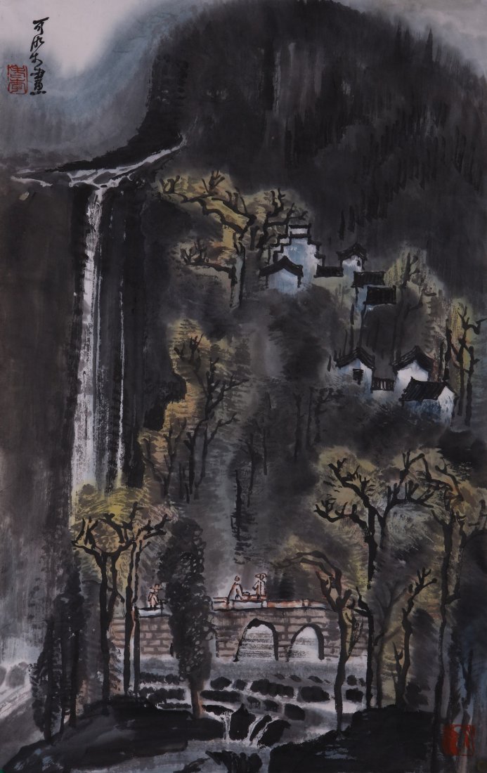 A very fine Chinese painting by Li Keran: Ink and color on paper by Li Keran depicitng a landscape of mountains, waterfalls and people on bridge,inscribed and signed with 2 seal marks.16.5"X27.2".A part of a private collection of a veteran in