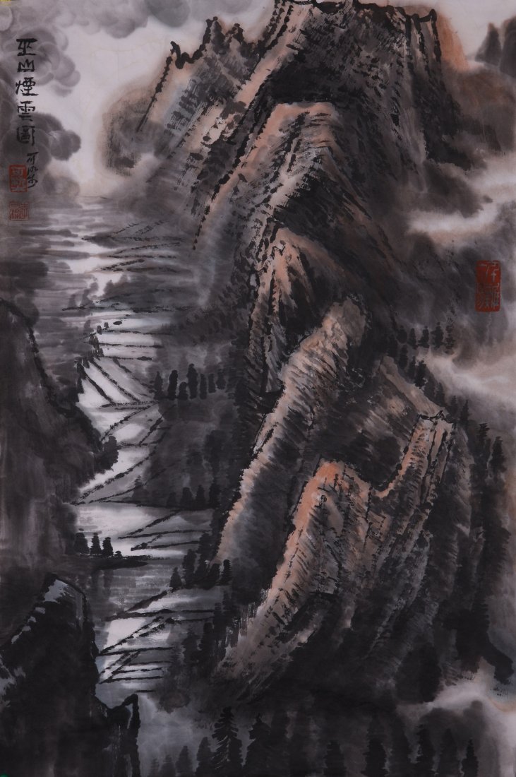 A very fine Chinese painting by Li Keran: Ink and color on paper by Li Keran depicitng a landscape of mountains and valley,inscribed and signed with 3 seal marks.17.3"X27.2".A part of a private collection of a veteran in Michigan.