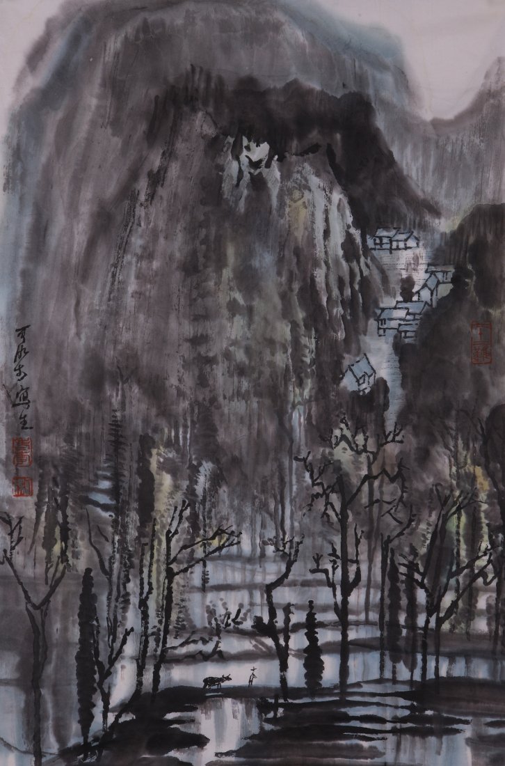 A very fine Chinese painting by Li Keran: Ink and color on paper by Li Keran depicitng a landscape of trees, mountains and houses by the lake,inscribed and signed with 3 seal marks.17.7"X27.2".A part of a private collection of a veteran in Mi
