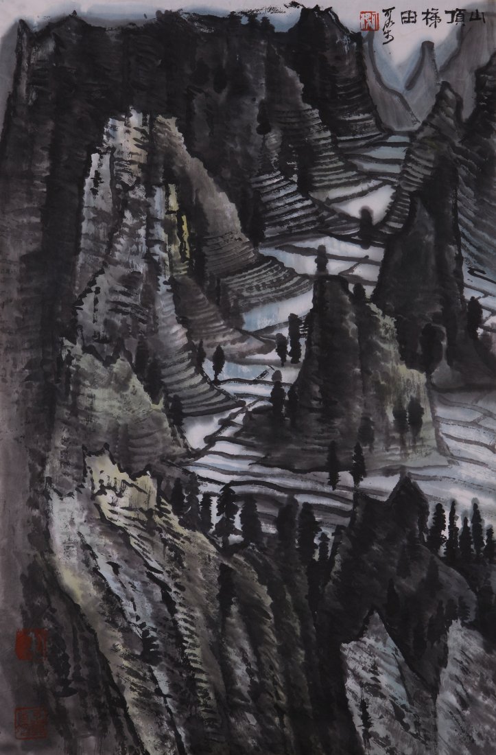 A very fine Chinese painting by Li Keran: Ink and color on paper by Li Keran depicitng a landscape,inscribed and signed with 3 seal marks.17.7"X27.2".A part of a private collection of a veteran in Michigan.