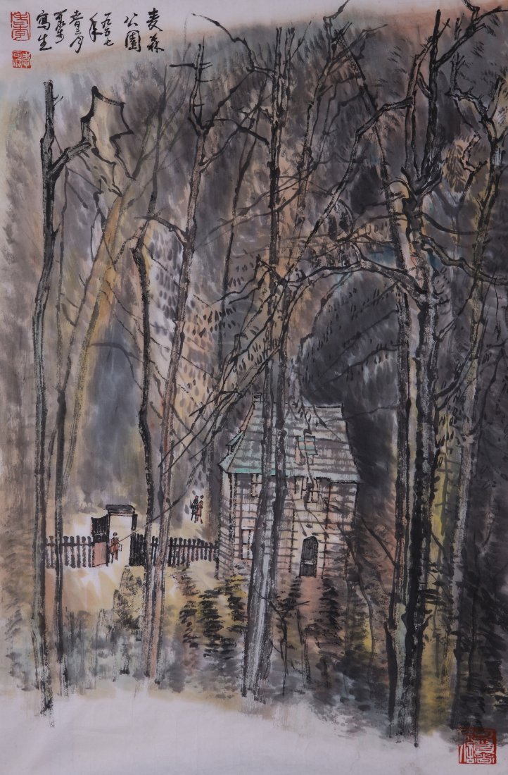 A very fine Chinese painting by Li Keran: Ink and color on paper by Li Keran depicitng a house in the woods,inscribed and signed with 3 seal marks.17.7"X27.2".A part of a private collection of a veteran in Michigan.