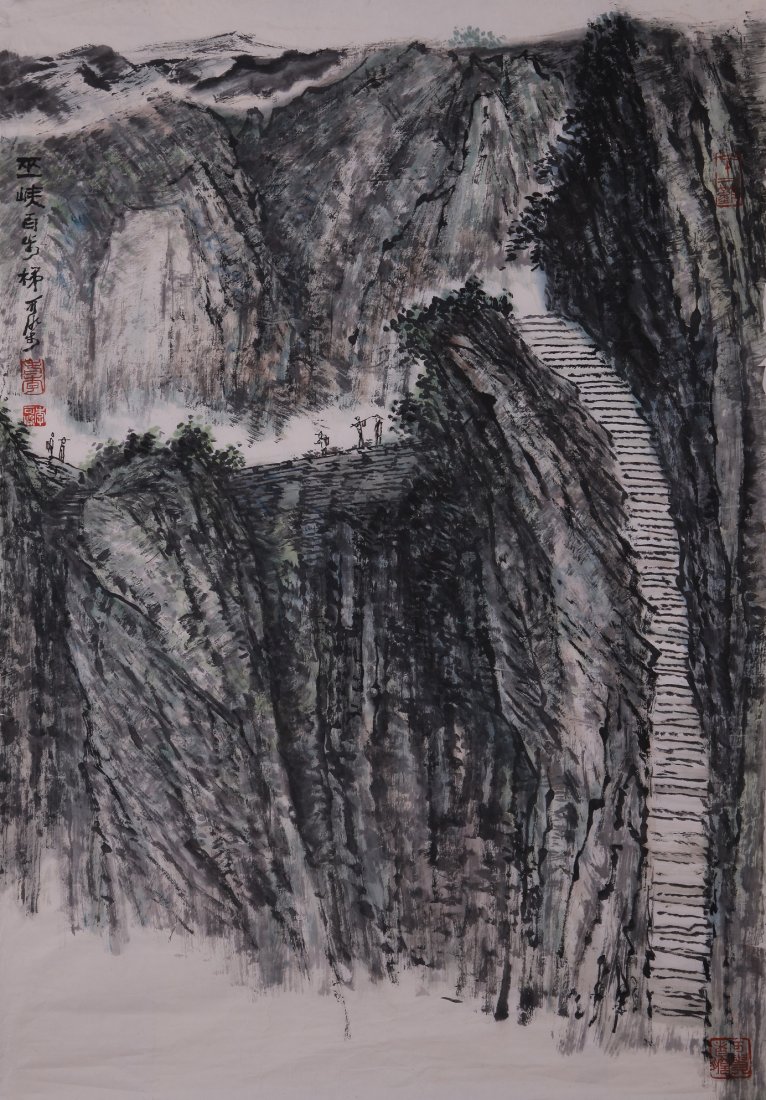 A very fine Chinese painting by Li Keran: Ink and color on paper by Li Keran depicitng a landdscape of mountain,inscribed and signed with 3 seal marks.20.9"X31.1".A part of a private collection of a veteran in Michigan.