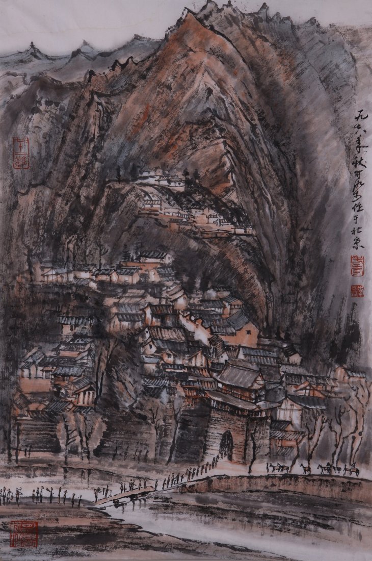 A very fine Chinese painting by Li Keran: Ink and color on paper by Li Keran depicitng a landscape of mountains and houses,inscribed and signed with 3 seal marks.17.7"X27.2".A part of a private collection of a veteran in Michigan.