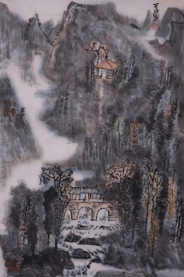 A very fine Chinese painting by Li Keran: Ink and color on paper by Li Keran depicitng a landscape of mountains and trees,inscribed and signed with 3 seal marks.17.7"X27.2".A part of a private collection of a veteran in Michigan.