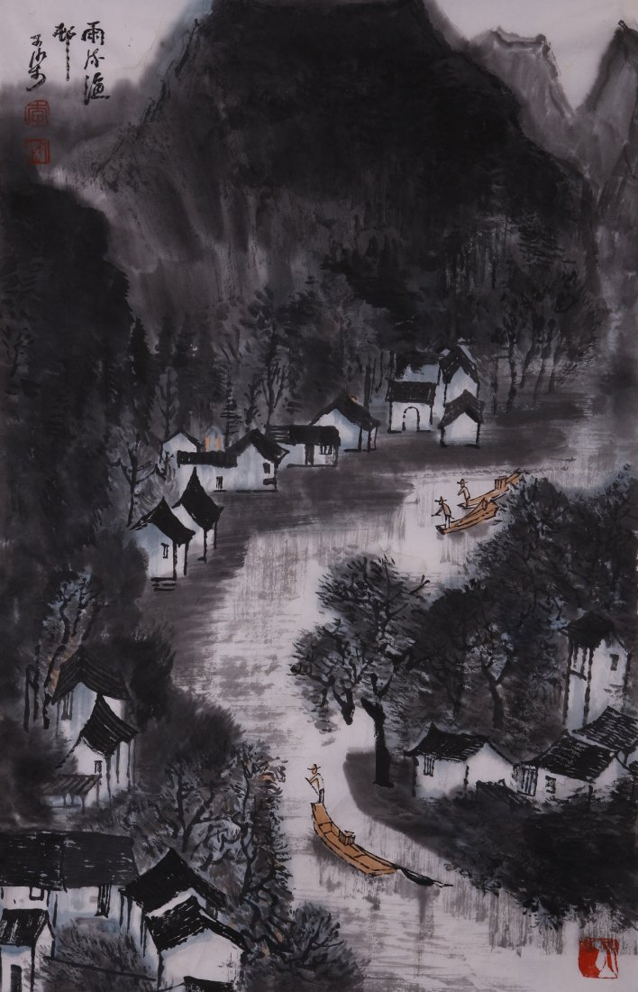 A very fine Chinese painting by Li Keran: Ink and color on paper by Li Keran depicitng a landscape of mountains and houses by the lake ,inscribed and signed with 3 seal marks.17.7"X27.6".A part of a private collection of a veteran in Michigan
