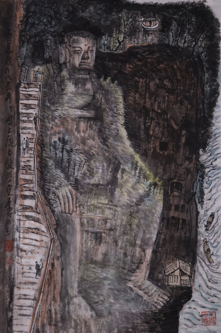 A very fine Chinese painting by Li Keran: Ink and color on paper by Li Keran depicitng a carving in a mountain and lake by the side,inscribed and signed with 3 seal marks.17.3"X27.2".A part of a private collection of a veteran in Michigan.