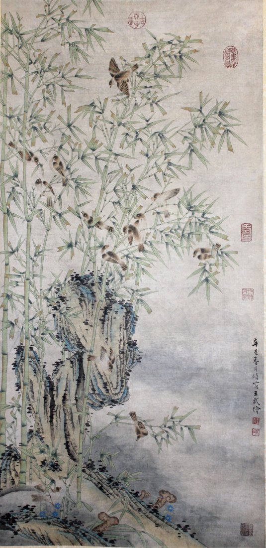 A very fine Chinese scroll painting attributed: Attributed to Wang Wu ink and color on the paper depicting some birds on the trees,inscribed and signed with seven seal marks in red,51"Hx25"W.