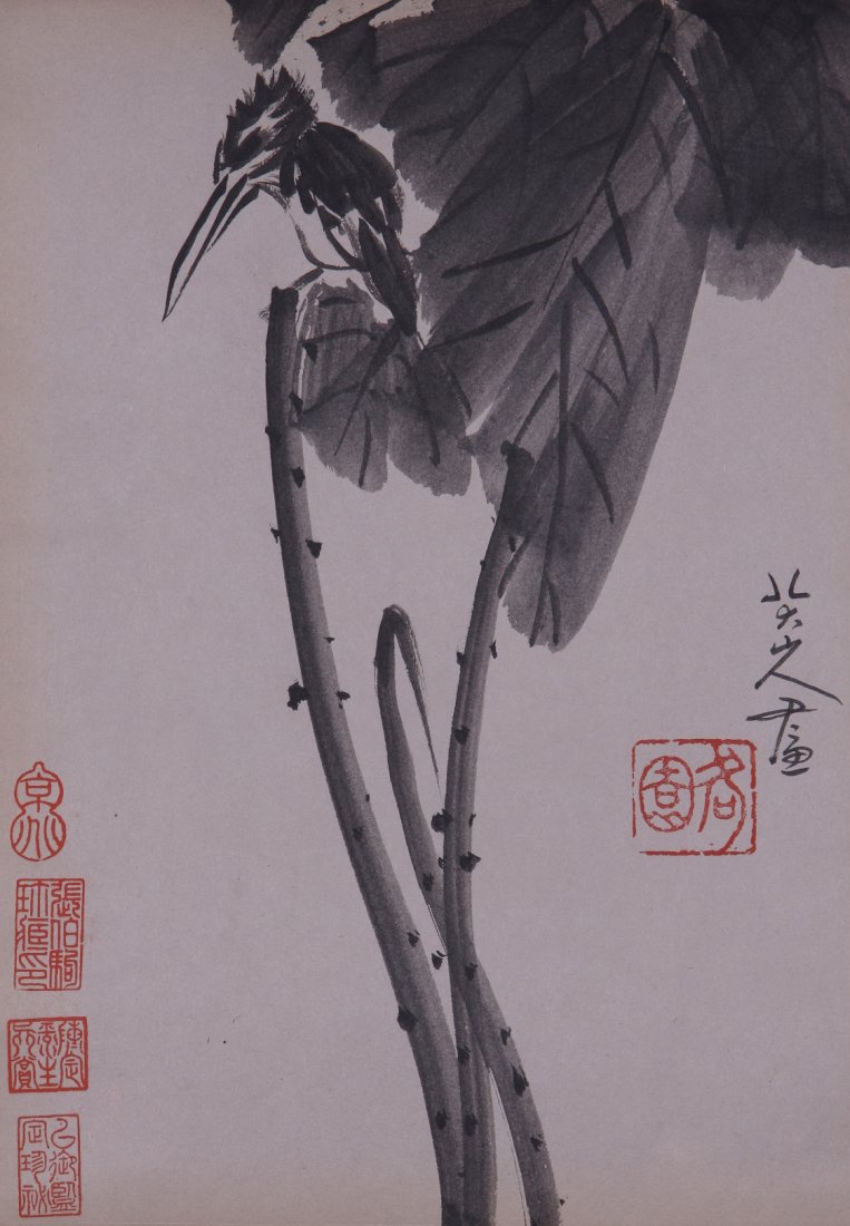 A very fine Chinese Painting by Bada Shanren: Ink and color on the paper by Bada Shanren to depict a bird on the branch of a tree,inscribed and signed with 5 seal mark,14.6"X9.8".