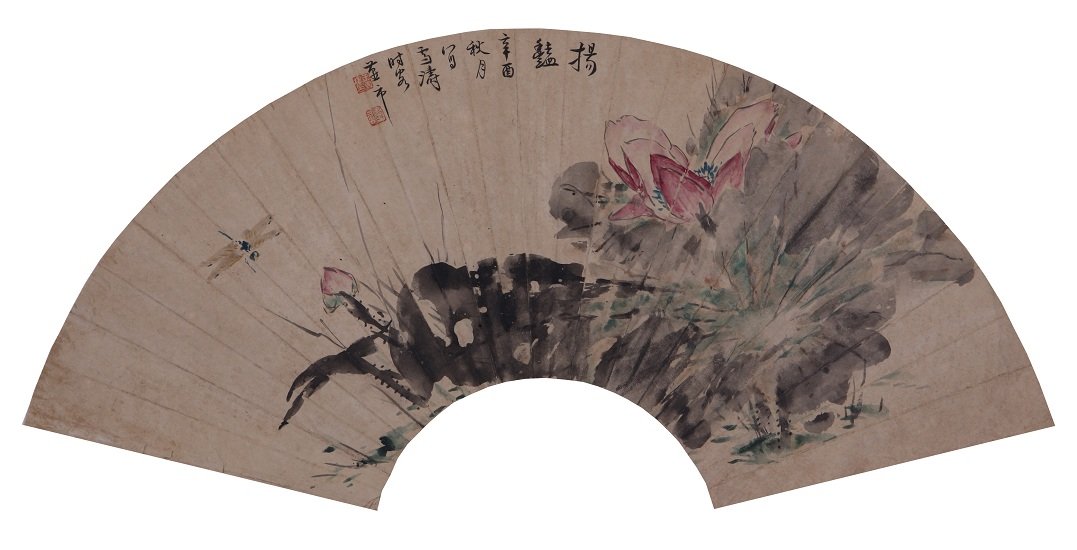 Very fine chinese fan painting by Wang Xuetao: Ink and color on the paper by Wang Xuetao depicting a fly and floral ,inscribed and signed with 2 seal marks,23.2"x7.8".