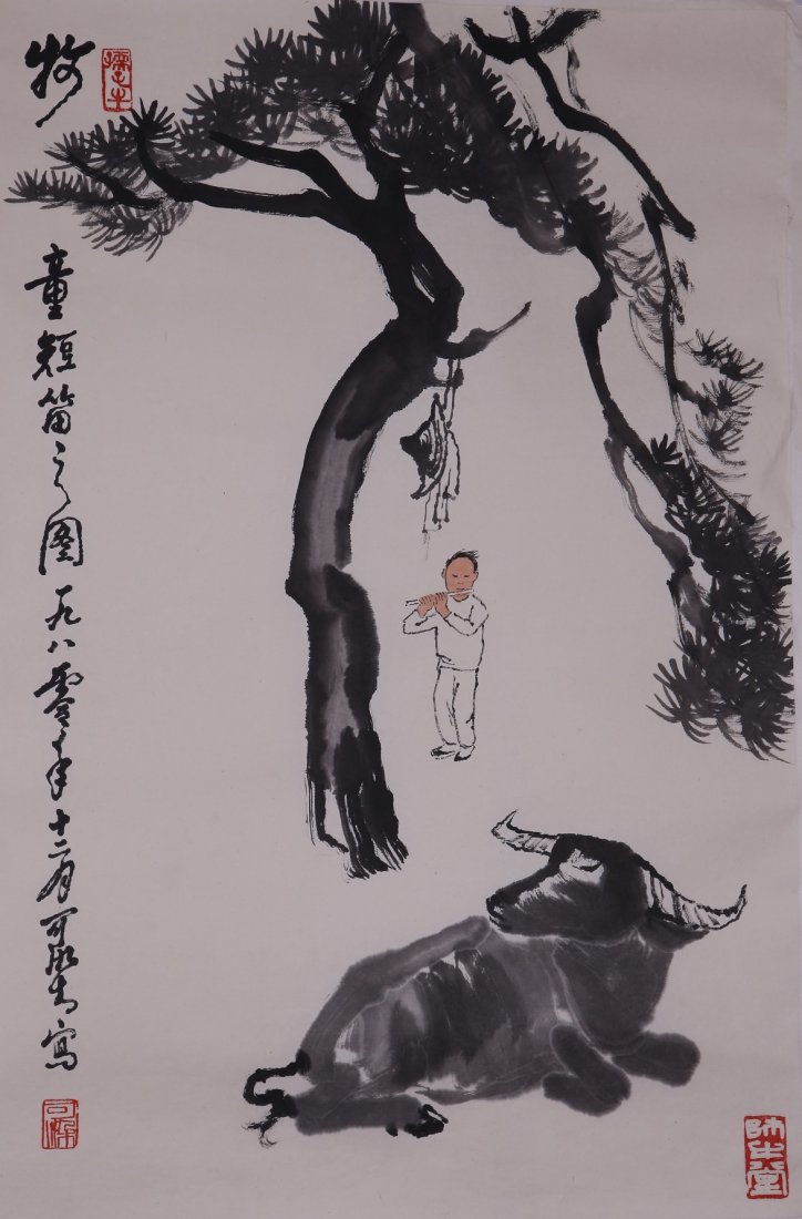 A very fine Chinese painting by Li Keran: Ink and color on paper by Li Keran to depict ,inscribed with 3 seal marks, 18.1"X26.7"