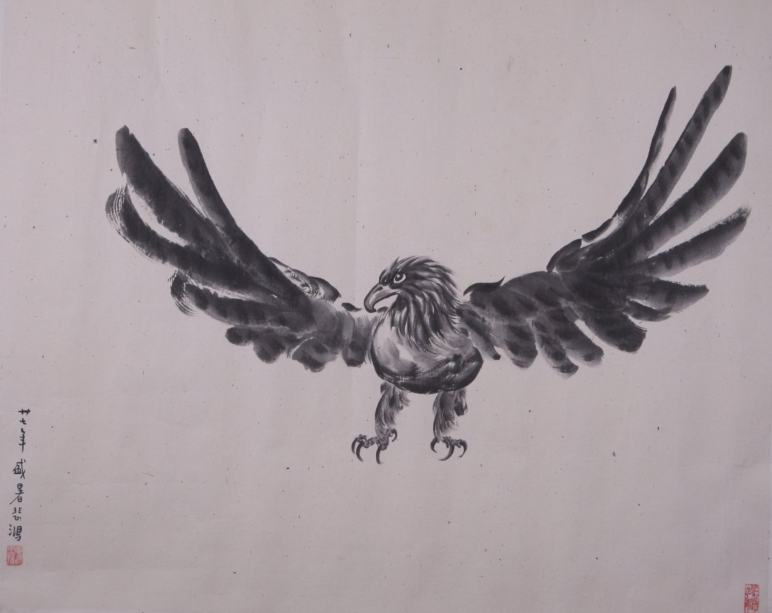 A very fine Chinese painting by Xu Beihong: Ink and color on paper by Xu Beihong to depict a bird flying,inscribed and signed with 2 seal marks.32.6"X27.2"