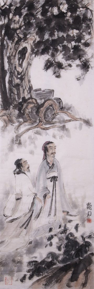 A very fine Painting by Fu Baoshi: Ink and color on the paper by Fu Baoshi ,inscribed and signed with 2 seal marks.42.1"X13.8"