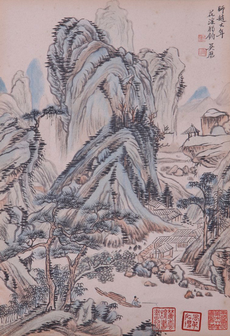 A very fine Chinese painting by Wu Li: Ink and color on paper by Wu Li to depict a landscape of nature ,inscribed and signed with 5 seal marks.14.5"X10.2"