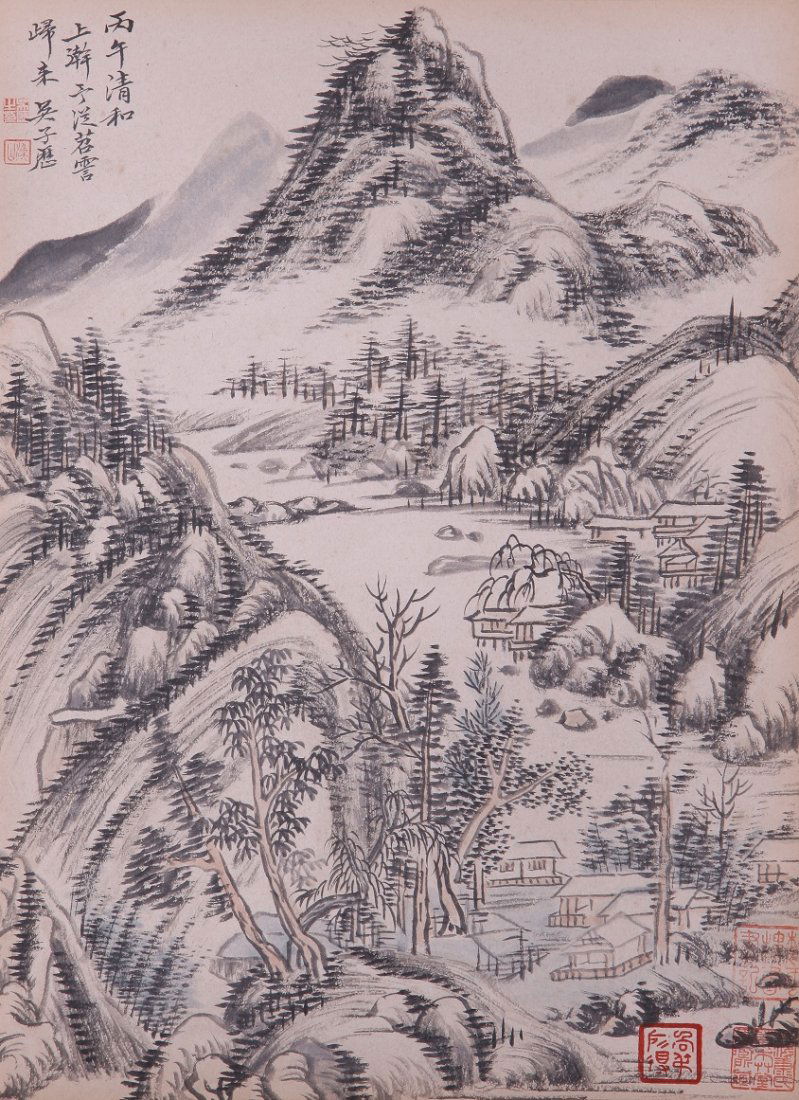 A very fine Chinese painting by Wu Li: Ink and color on paper by Wu Li ,inscribed and signed with 5 seal marks.14.5"X10.2"