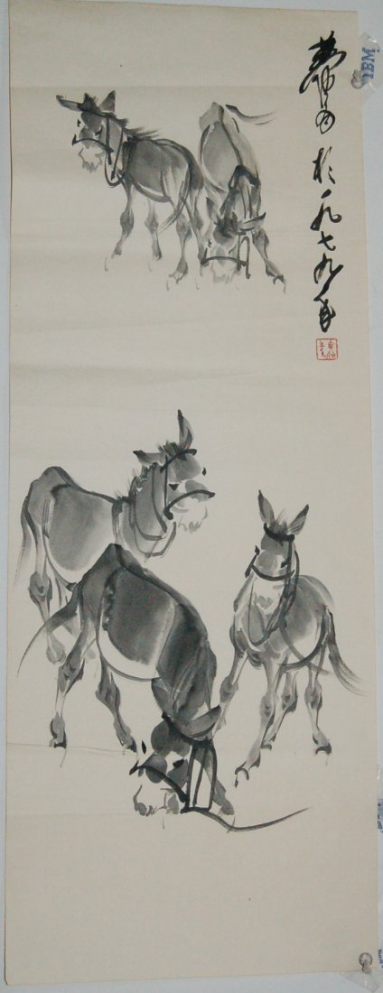 A very fine Chinese painting by Huang Zhou: Ink and color on paper by Huang Zhou to depict a group of donkeys, inscribed and signed with 1 seal marks.35.8"X13.7"