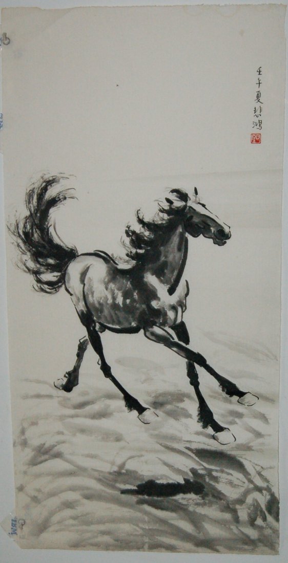 A very fine Chinese painting by Xu Beihong: Ink and color on paper by Xu Beihong to depict a horse, inscribed and signed with 1 seal marks.37.4"X18.8"