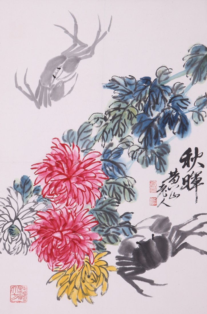 A very fine Chinese painting by Wang Tianchi: Ink and color on the paper by Wang Tianchi depicting colorful florals ,inscribed and signed with 3 seal marks. 27.1"X18.8"
