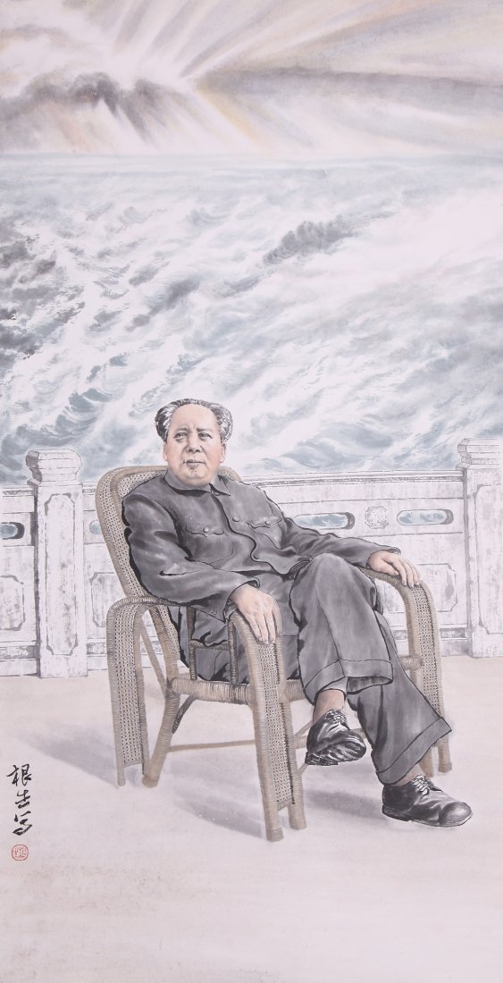 A very fine Chinese painting by Wang Gensheng: Ink and color on the paper by Wang gensheng depicting a man sitting in a chair,inscribed and signed with 1 seal marks.53.5"X27.1"