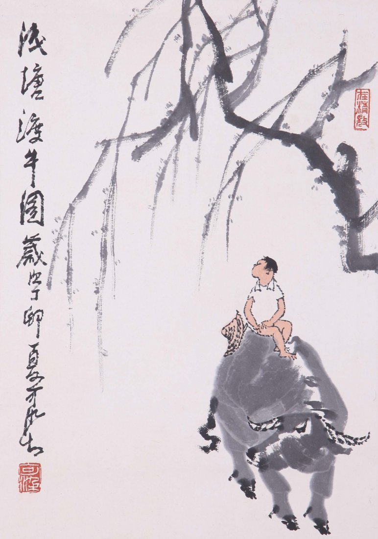 A very fine Chinese painting by Li Keran: Ink and color on the paper by depicting a boy sitting on a buffalo ,inscribed and signed with 2 seal marks.17.3"X12.5"