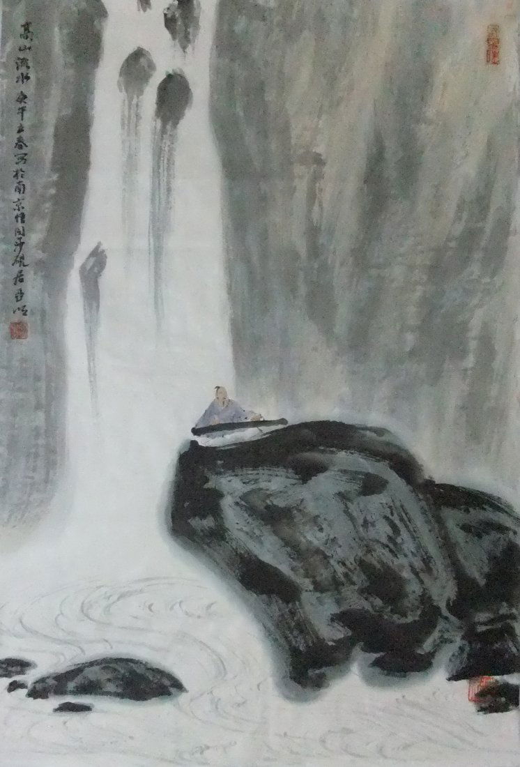 Very fine Chinese painting by Fu Baoshi: Ink and color on paper by Fu Baoshi to depicting a waterfalls and a man sitting on rock , inscribed and signed with 2 seal marks ,17.7"X26.7".