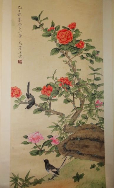 Very fine Chinese painting by Wang Yun: Ink and color on paper by Wang Wu to depicting a floral plant and birds , inscribed and signed with 1 seal marks ,16.9"X35.4".