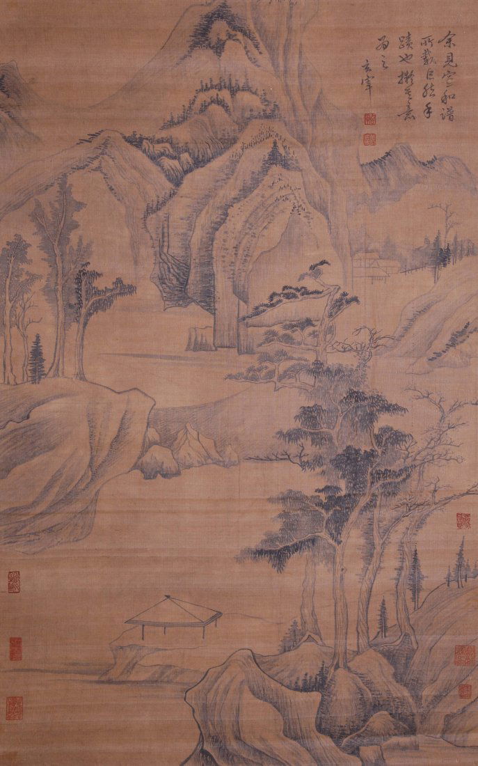 Very fine Chinese painting Dong Qichang: Ink and color on paper by Dong Qichang to depicting landscape , inscribed and signed with 8 seal marks ,41.3"X25.5".