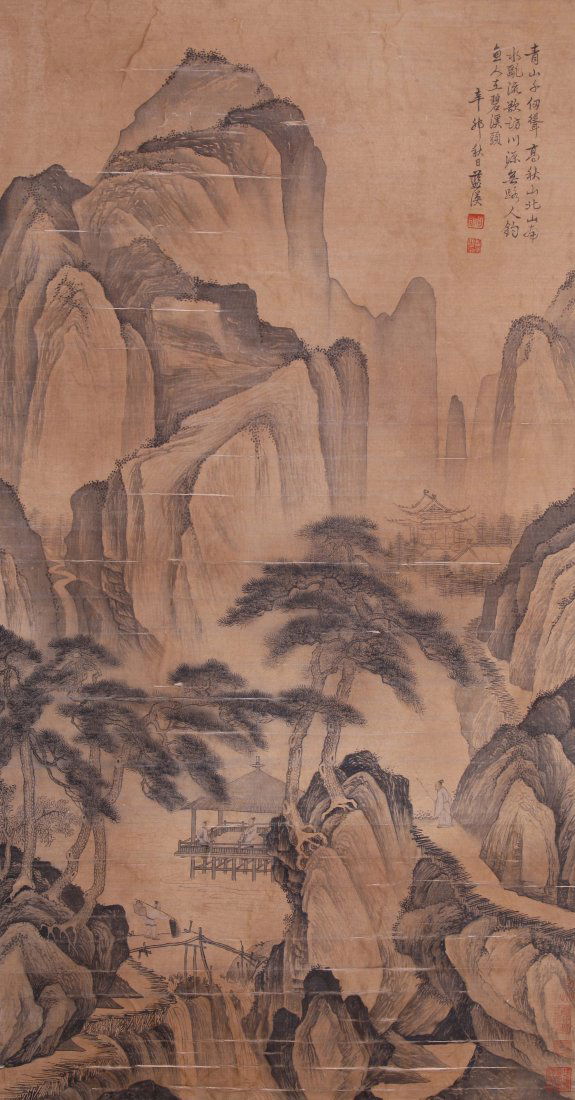 Very fine Chinese painting Lan Ying: Ink and color on paper by Lan Ying to depicting a landscape of mountain and houses , inscribed and signed with 4 seal marks ,48.4"X25.9".
