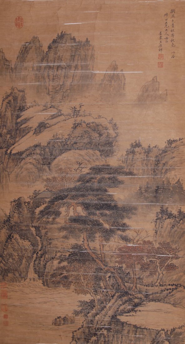 Very fine Chinese painting Wang Yuanqi: Ink and color on paper by Wang Yuanqi to depicting a landscape of mountain and trees , inscribed and signed with 8 seal marks ,48.4"X26.3".
