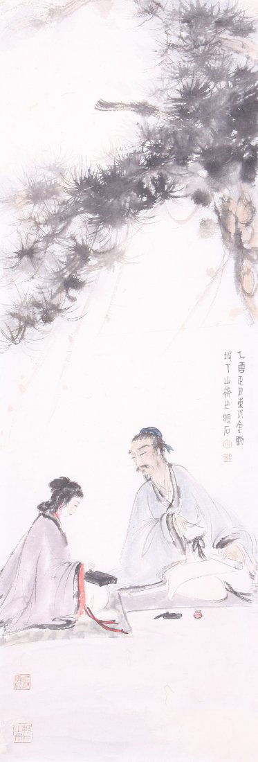 A very fine Chinese scroll painting attributed to: Attributed to Fu Baoshi ink and color depicting a couple of people chating under tree,inscribed and signed with 2 seal mark, 41.3"Hx13.7"W.